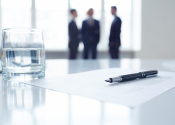 Image of business document, pen and glass of water at workplace with group of colleagues on background