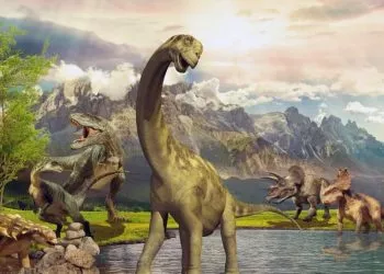 Dinosaurs in the park by the lake