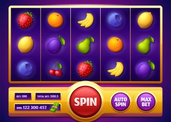 Slot machine game screen with fruits, online casino gambling entertainment. Spin reel for mobile with plum, bananas or cherry, blueberry, pear and orange, lemon and strawberry 3d vector cartoon design