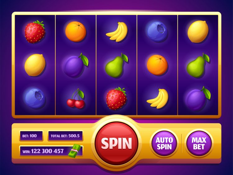 Slot machine game screen with fruits, online casino gambling entertainment. Spin reel for mobile with plum, bananas or cherry, blueberry, pear and orange, lemon and strawberry 3d vector cartoon design