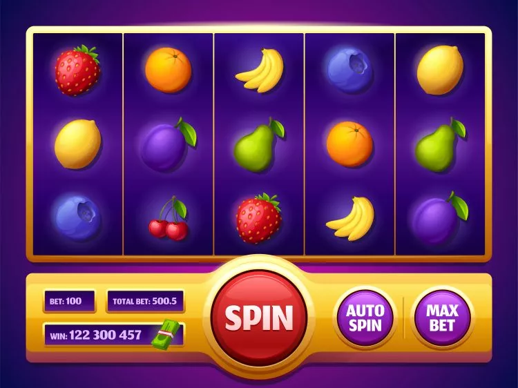 Slot machine game screen with fruits, online casino gambling entertainment. Spin reel for mobile with plum, bananas or cherry, blueberry, pear and orange, lemon and strawberry 3d vector cartoon design