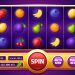 Slot machine game screen with fruits, online casino gambling entertainment. Spin reel for mobile with plum, bananas or cherry, blueberry, pear and orange, lemon and strawberry 3d vector cartoon design