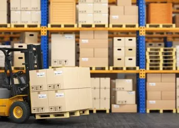 Forklift truck in storage warehouse. Fork lift lifting pallet with cardboard boxes. 3d illustration