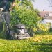 Mowing the grass with a lawn mower in early autumn. Gardener cuts the lawn in the garden.