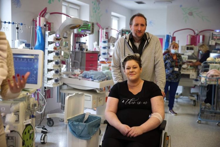 Parents Dominika (front) and Vince Clarke (back) during a press conference at the Obstetrics Department of the University Hospital in Krakow, southern Poland, 14 February 2023. A set of quintuplets was born in Krakow on 12 February. The five babies were welcomed into the world at the city's University Hospital through a caesarean section in the 28th week of pregnancy. The three girls and two boys are each some 40 centimetres tall and weigh between 710 and 1,400 grams, according to doctors. Born to a Polish