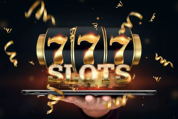 Online casino, smartphone with slot machine with jackpot and gold coins. Online Slots, Lucky Seven 777, Dark Gold Style. Luck concept, gambling, jackpot, banner
