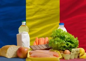 complete national flag of romania covers whole frame, waved, crunched and very natural looking. In front plan are fundamental food ingredients for consumers, symbolizing consumerism an human needs