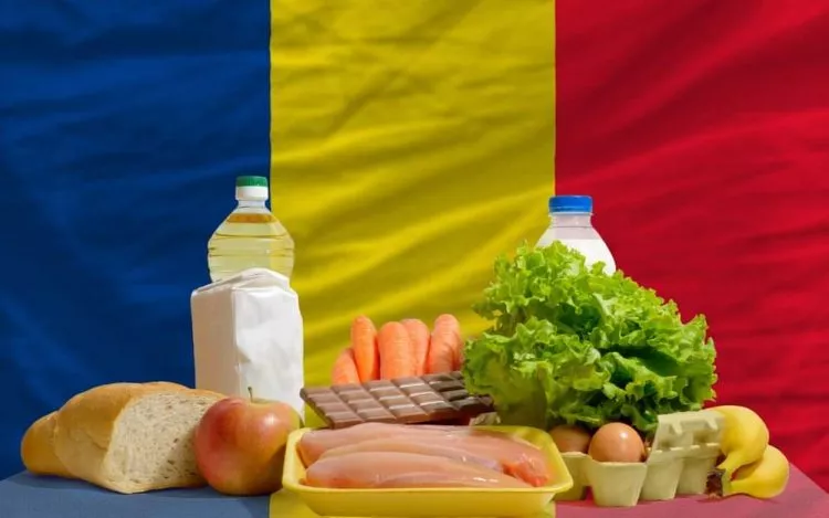 complete national flag of romania covers whole frame, waved, crunched and very natural looking. In front plan are fundamental food ingredients for consumers, symbolizing consumerism an human needs