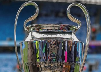 May 17, 2023, Manchester, Manchester, United Kingdom: The UEFA Champions League trophy on display ahead of  the UEFA Champions League Semi-Final Second Leg Manchester City vs Real Madrid at Etihad Stadium, Manchester, United Kingdom, 17th May 2023.,Image: 776610712, License: Rights-managed, Restrictions: , Model Release: no