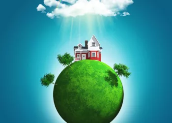 3D landscape of a grassy globe with a house and trees under a rainbow and rain cloud