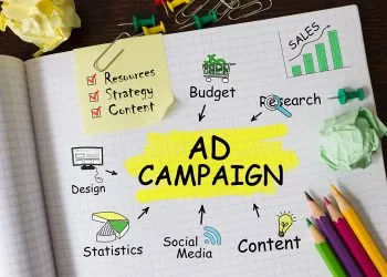 Notebook with Toolls and Notes about Ad Campaign